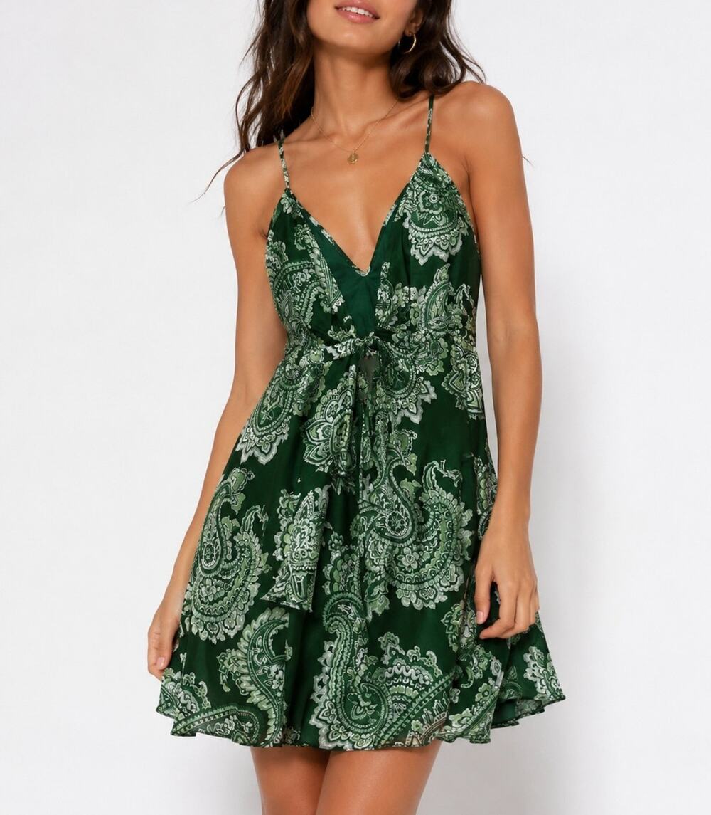 Vintage MOSCHINO Green Paisley Print Rayon Tie Front Slip Mini Dress IT 40